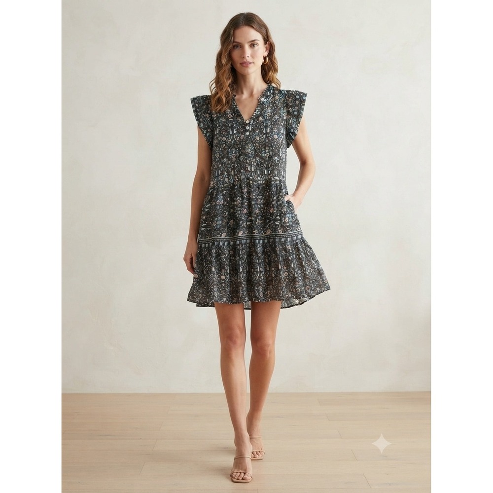 Omika Dress Women Small Black Multi Floral Tiered Flutter Sleeve Boho Mini